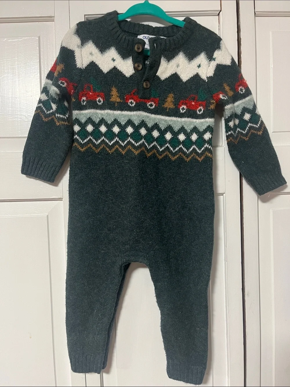Sweet Holiday Sweater One-Piece Romper with Red Trucks 🌲🛻